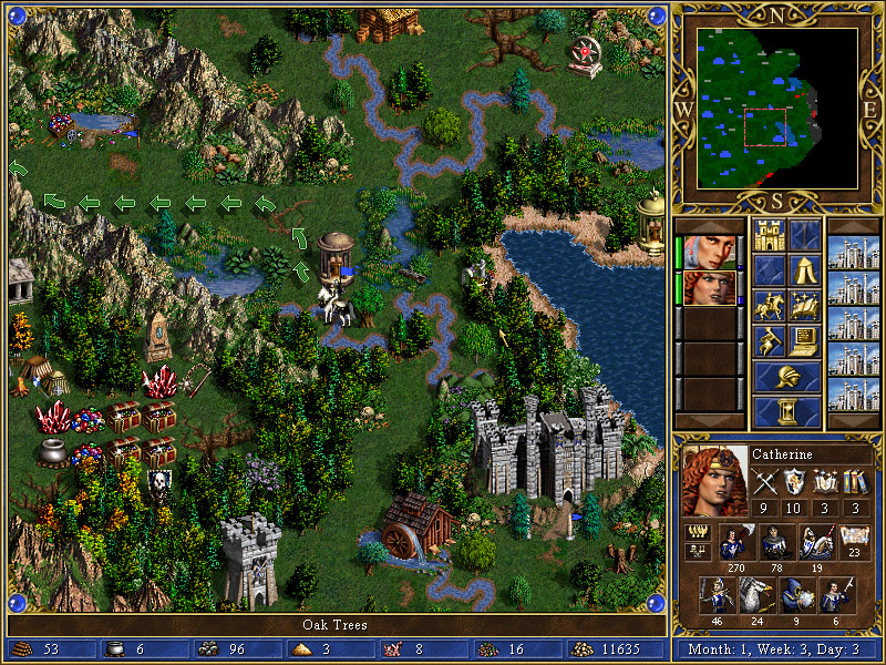 The primary view of Heroes 3 where you move your hero (in this image, Catherine) around the map seeking treasure and battle!